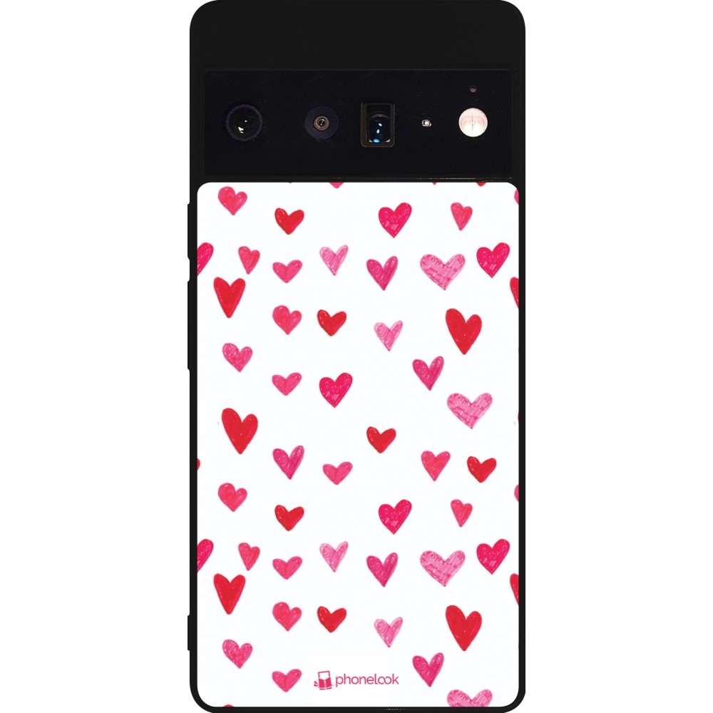 Coque Google Pixel 6 Pro - Silicone rigide noir Valentine 2022 Many pink hearts