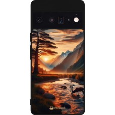 Coque Google Pixel 6 Pro - Silicone rigide noir Valley Sunset Deer Tree