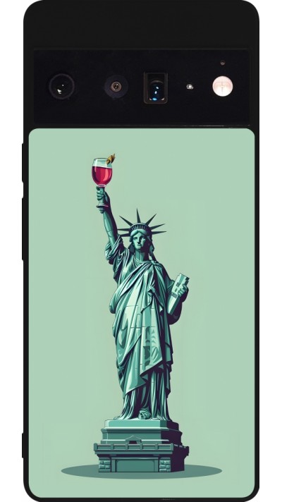 Coque Google Pixel 6 Pro - Silicone rigide noir Wine Statue de la liberté avec un verre de vin