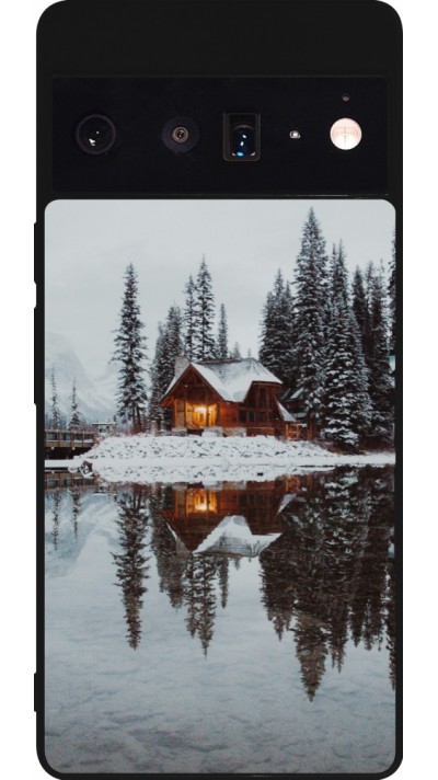 Coque Google Pixel 6 Pro - Silicone rigide noir Winter 25 Winter house forest afternoon
