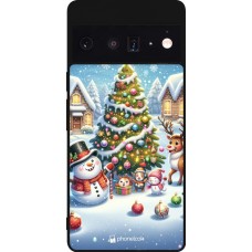 Coque Google Pixel 6 Pro - Silicone rigide noir Noël 2023 bonhomme de neige et sapin
