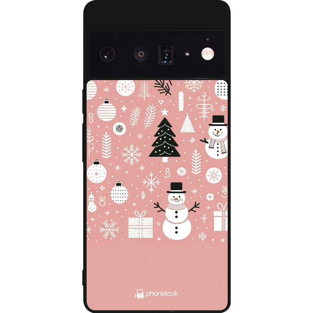 Coque Google Pixel 6 Pro - Silicone rigide noir Noël 2024 Rose Snowman Christmas