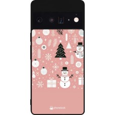 Coque Google Pixel 6 Pro - Silicone rigide noir Noël 2024 Rose Snowman Christmas