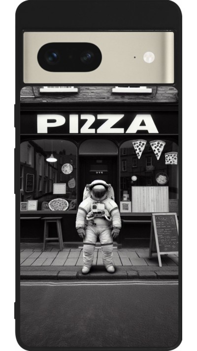 Coque Google Pixel 7 - Silicone rigide noir Astronaute devant une Pizzeria