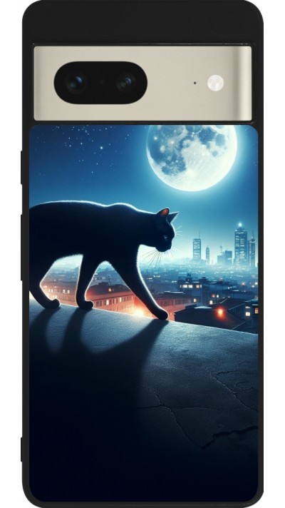 Coque Google Pixel 7 - Silicone rigide noir Chat noir sous la pleine lune