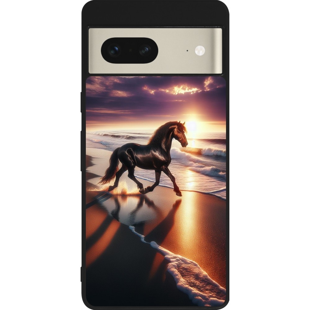 Coque Google Pixel 7 - Silicone rigide noir Cheval majestueux plage