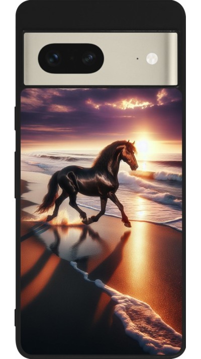 Coque Google Pixel 7 - Silicone rigide noir Cheval majestueux plage