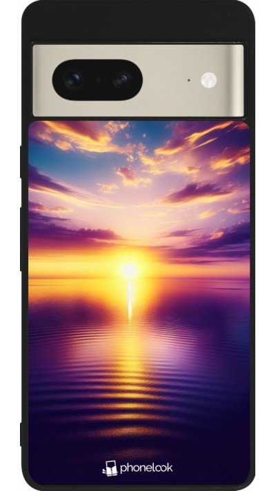 Coque Google Pixel 7 - Silicone rigide noir Coucher soleil jaune violet