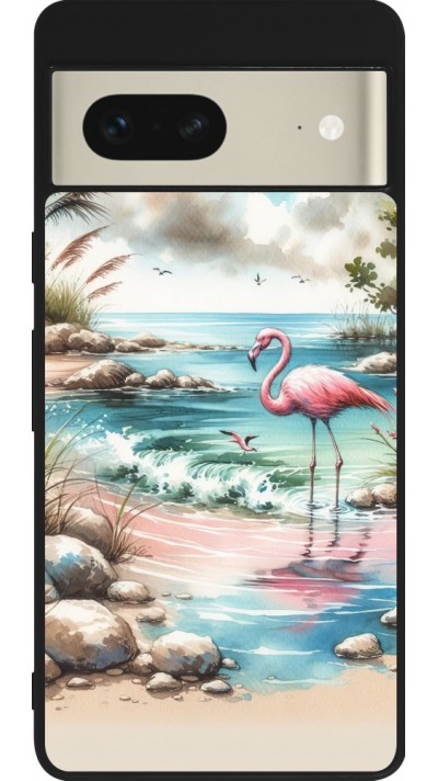 Coque Google Pixel 7 - Silicone rigide noir Flamant rose aquarelle