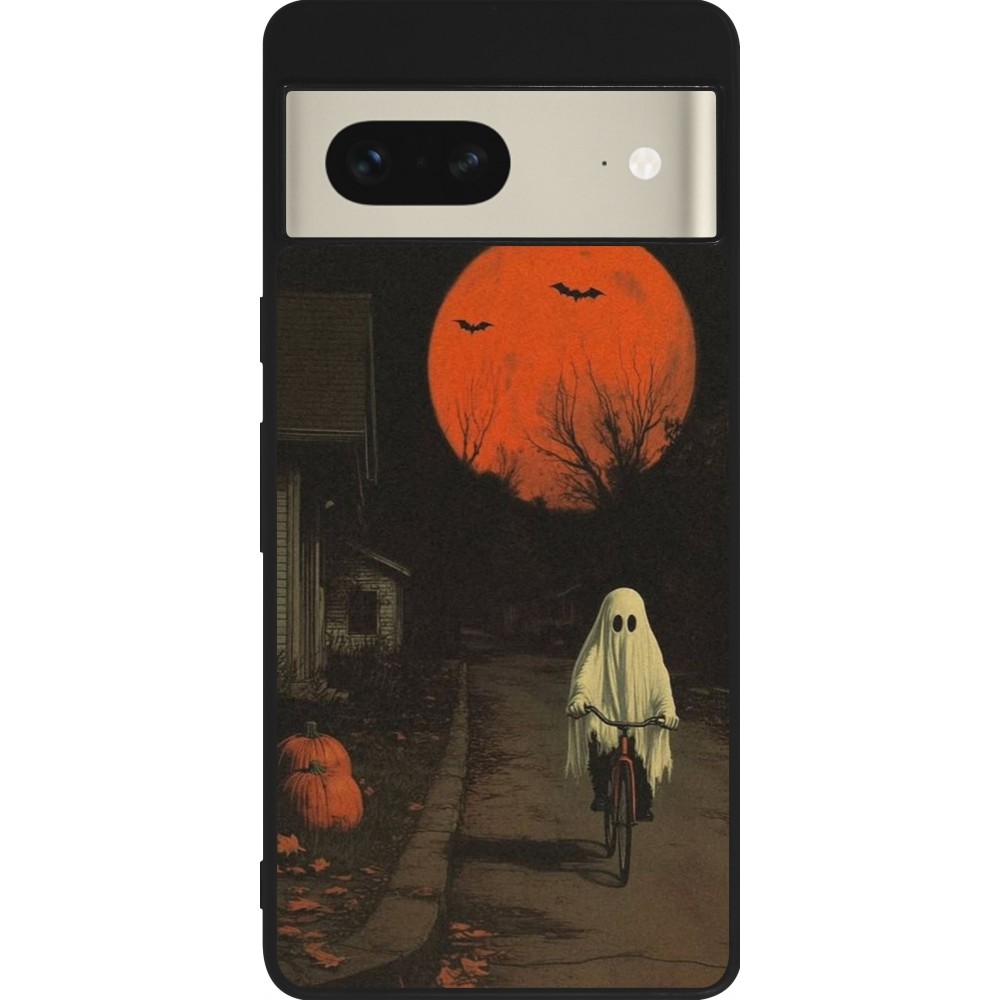 Coque Google Pixel 7 - Silicone rigide noir Halloween 2025 Ghost on a bicycle
