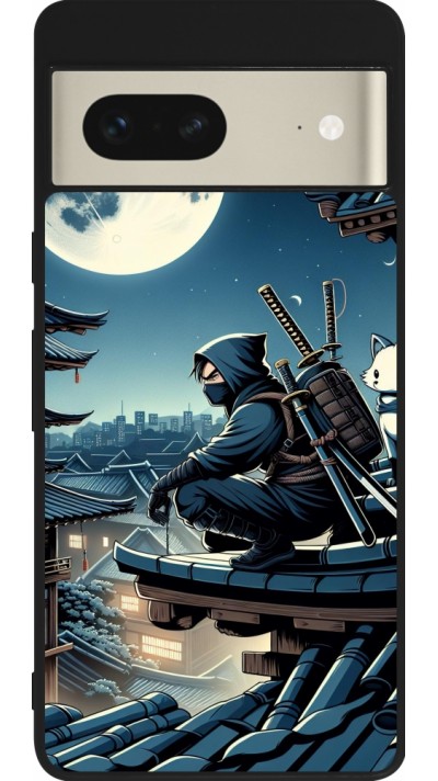 Coque Google Pixel 7 - Silicone rigide noir Ninja sous la lune