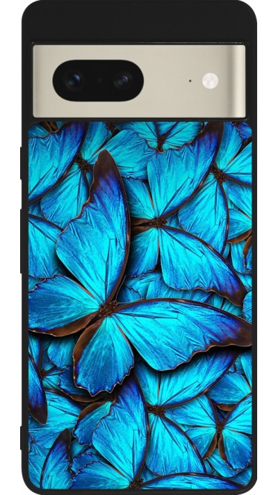 Coque Google Pixel 7 - Silicone rigide noir Papillon bleu
