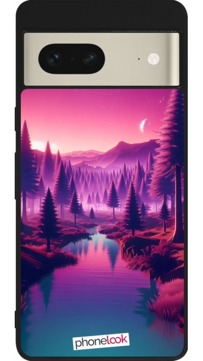 Coque Google Pixel 7 - Silicone rigide noir Paysage Violet-Rose
