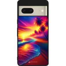 Coque Google Pixel 7 - Silicone rigide noir Plage coucher soleil flashy