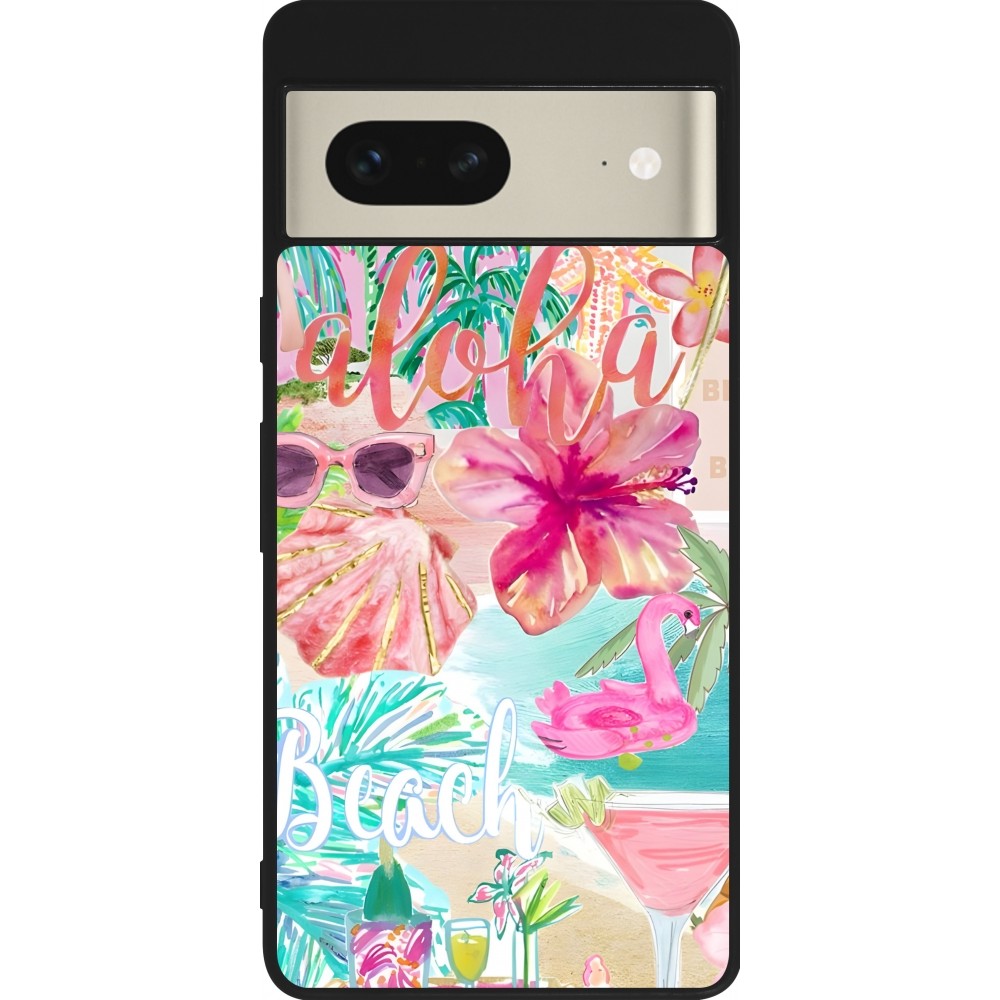 Coque Google Pixel 7 - Silicone rigide noir Preppy Collage Aloha