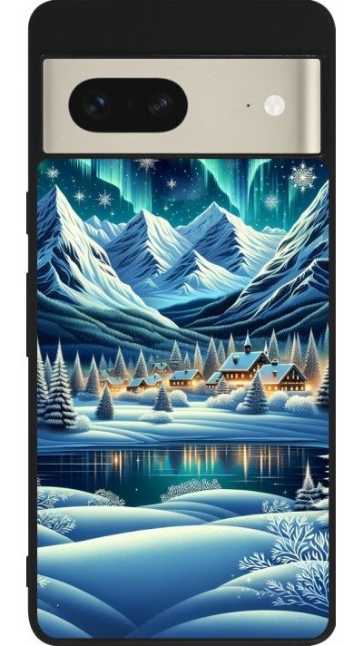 Coque Google Pixel 7 - Silicone rigide noir Snowy Mountain Village Lake night