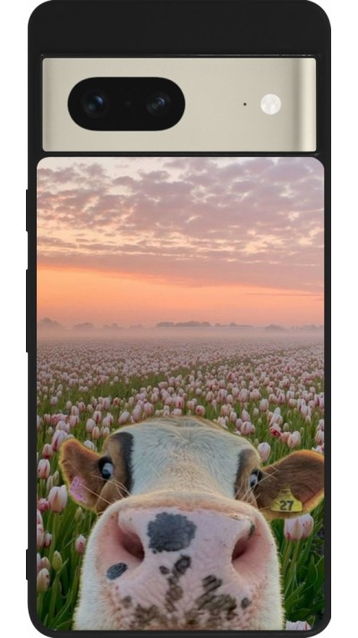 Coque Google Pixel 7 - Silicone rigide noir Cow with tulips 2026