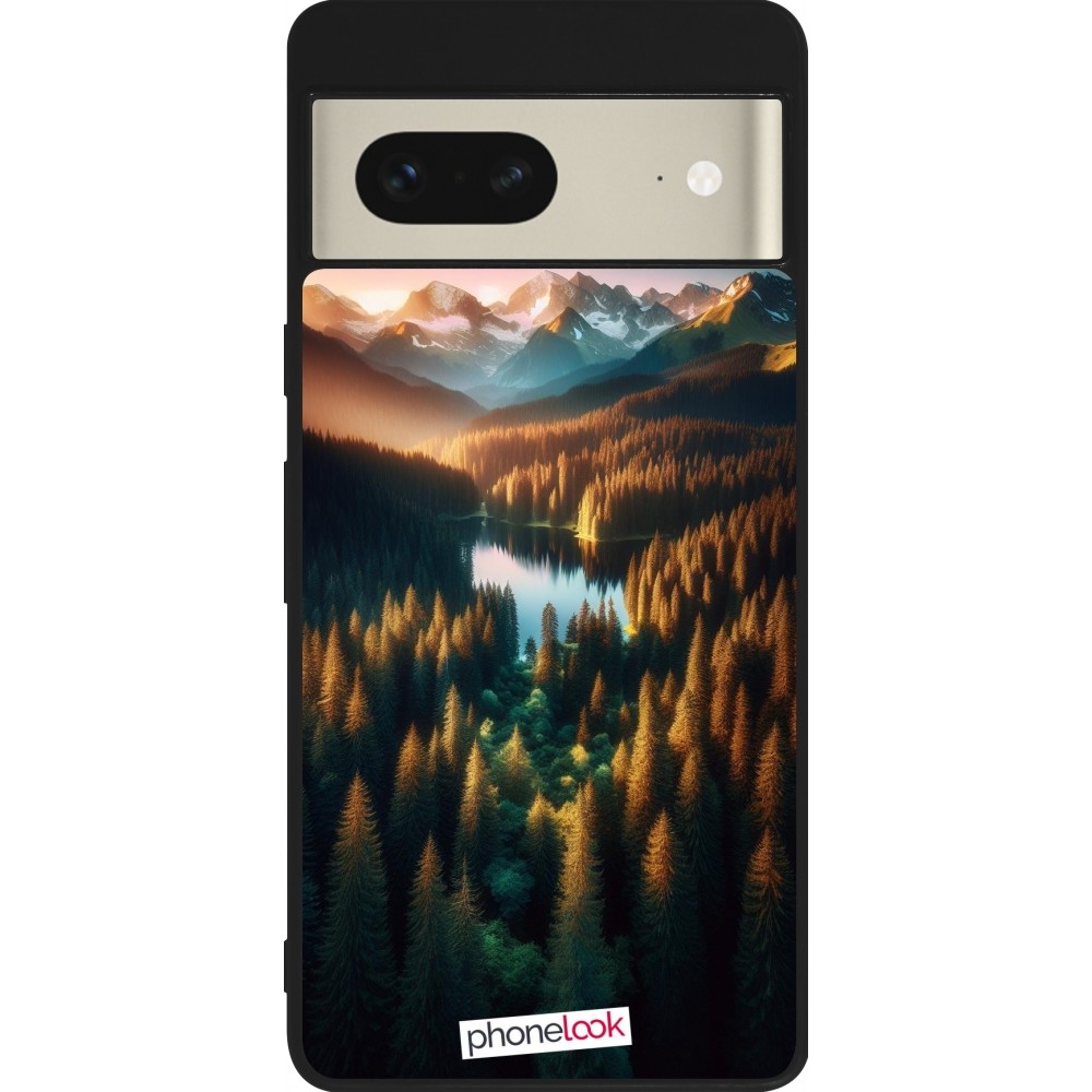 Google Pixel 7 Case Hülle - Silikon schwarz Sonnenuntergang Waldsee