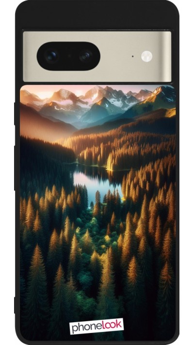 Google Pixel 7 Case Hülle - Silikon schwarz Sonnenuntergang Waldsee