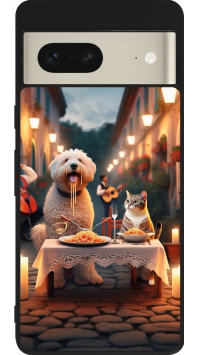 Coque Google Pixel 7 - Silicone rigide noir Valentine 2024 Dog & Cat Candlelight