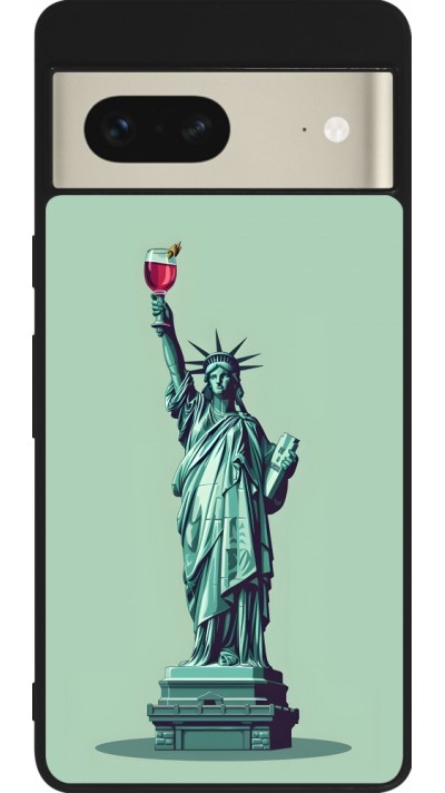 Coque Google Pixel 7 - Silicone rigide noir Wine Statue de la liberté avec un verre de vin