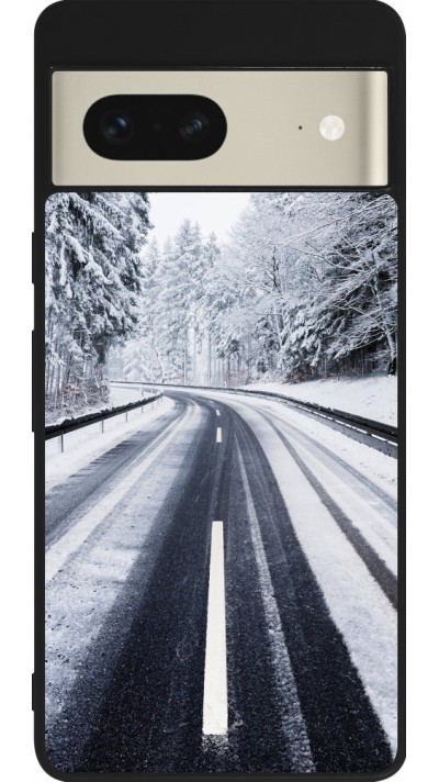 Coque Google Pixel 7 - Silicone rigide noir Winter 22 Snowy Road