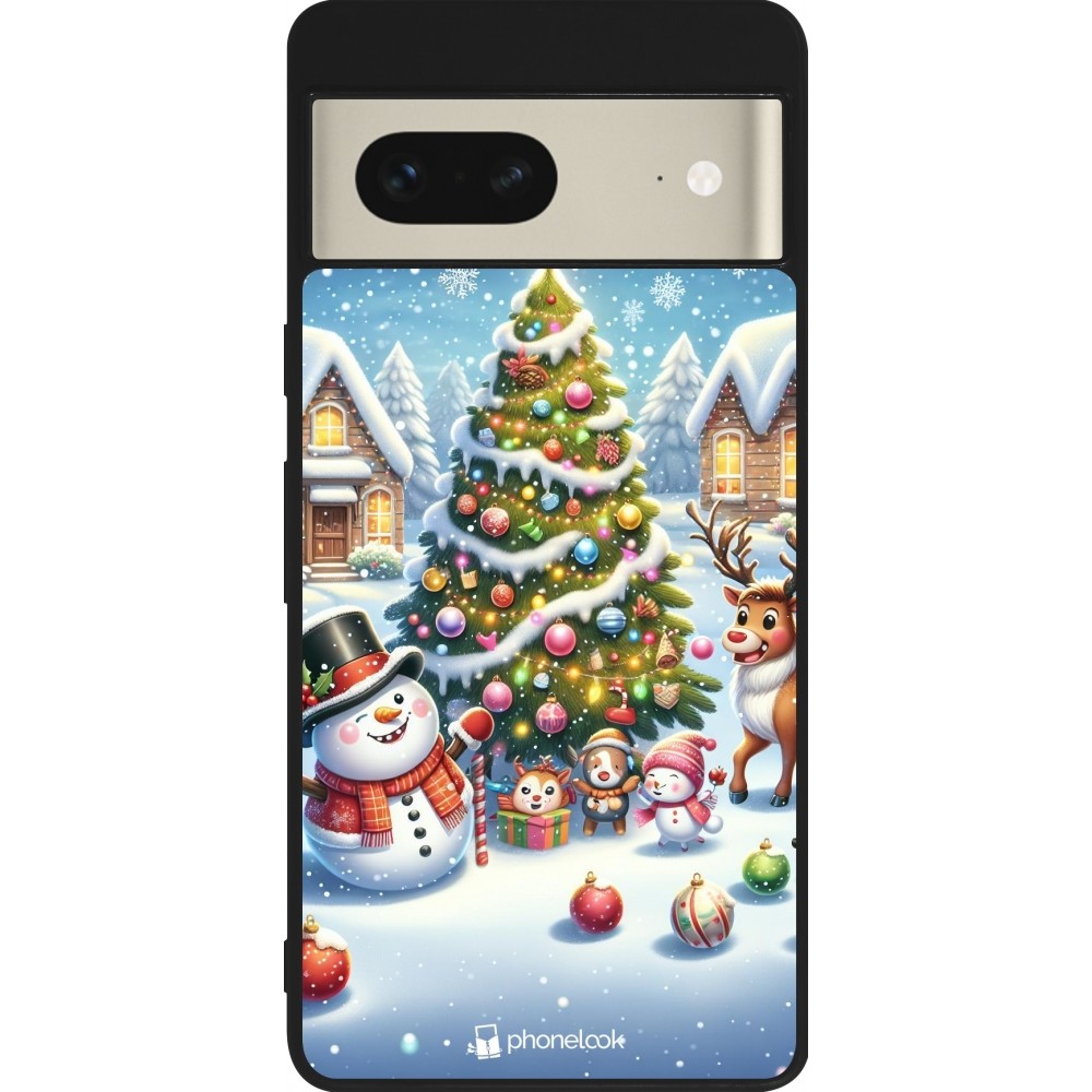 Google Pixel 7 Case Hülle - Silikon schwarz Weihnachten 2023 Schneemann und Tannenbaum
