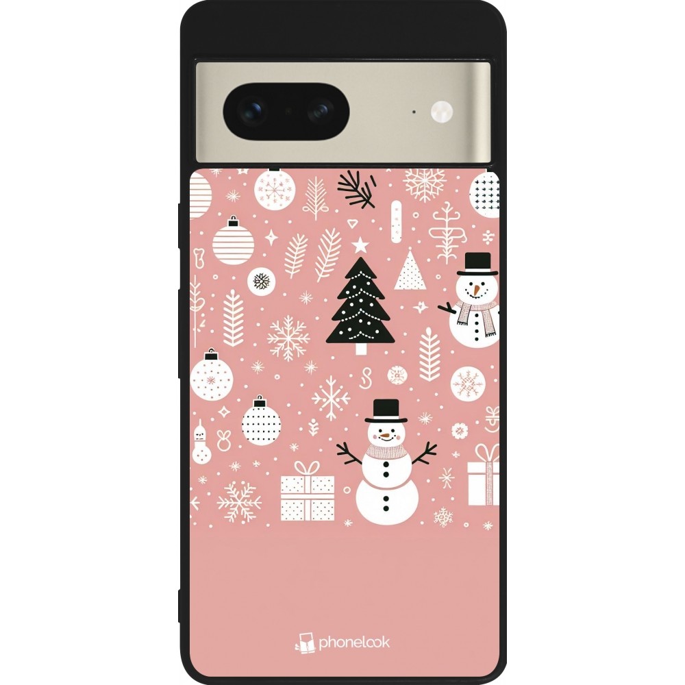 Coque Google Pixel 7 - Silicone rigide noir Noël 2024 Rose Snowman Christmas