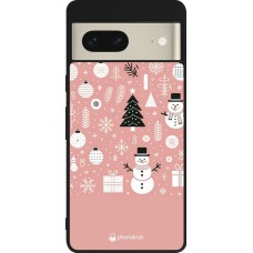 Coque Google Pixel 7 - Silicone rigide noir Noël 2024 Rose Snowman Christmas