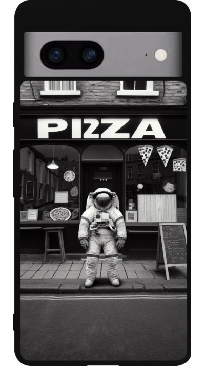 Google Pixel 7a Case Hülle - Silikon schwarz Astronaut vor einer Pizzeria