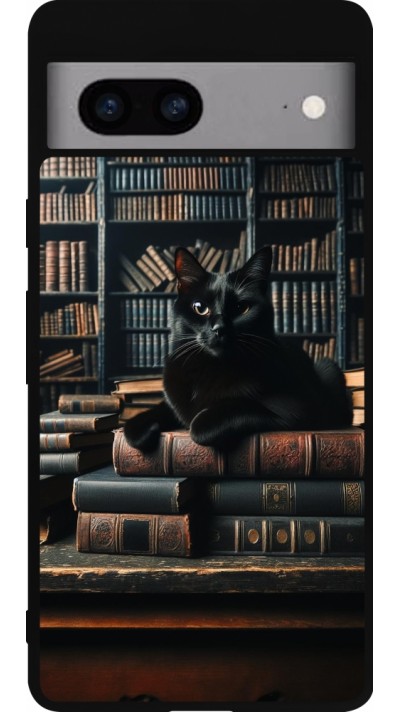 Google Pixel 7a Case Hülle - Silikon schwarz Katze Bücher dunkel