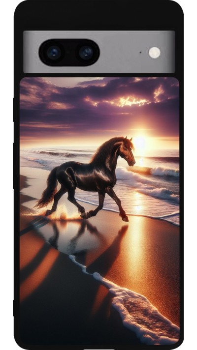 Coque Google Pixel 7a - Silicone rigide noir Cheval majestueux plage