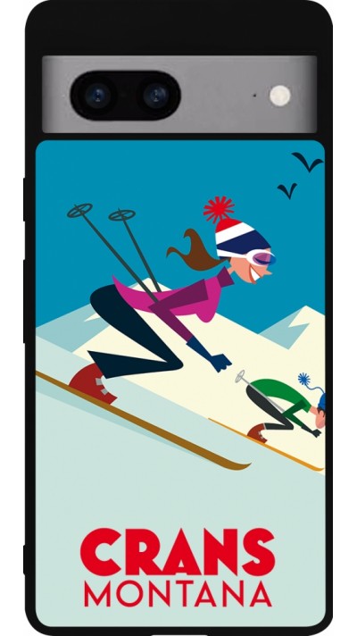 Coque Google Pixel 7a - Silicone rigide noir Crans-Montana Ski Downhill
