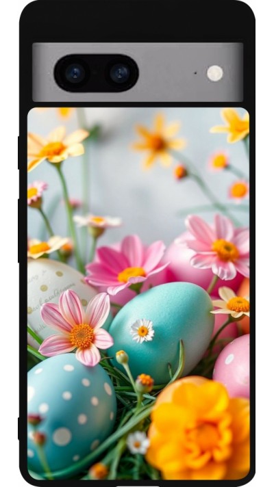 Google Pixel 7a Case Hülle - Silikon schwarz Easter 2026 Eggs with flowers