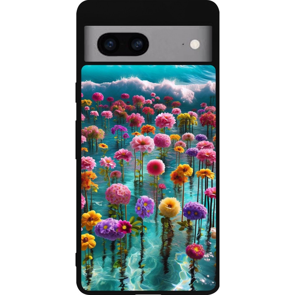 Coque Google Pixel 7a - Silicone rigide noir Flower sea waves