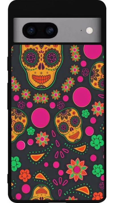 Coque Google Pixel 7a - Silicone rigide noir Halloween 22 colorful mexican skulls