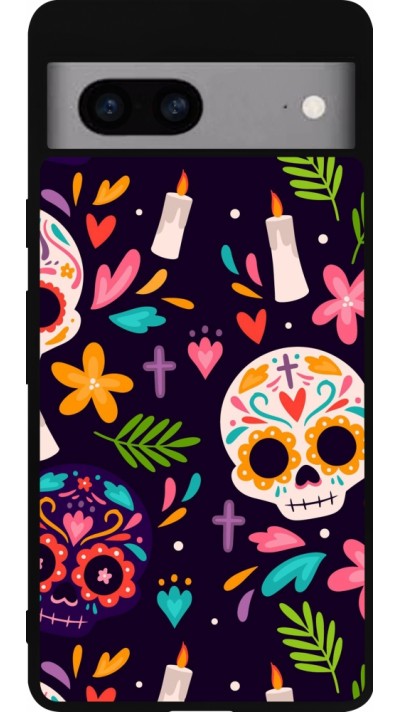 Coque Google Pixel 7a - Silicone rigide noir Halloween 2023 mexican style