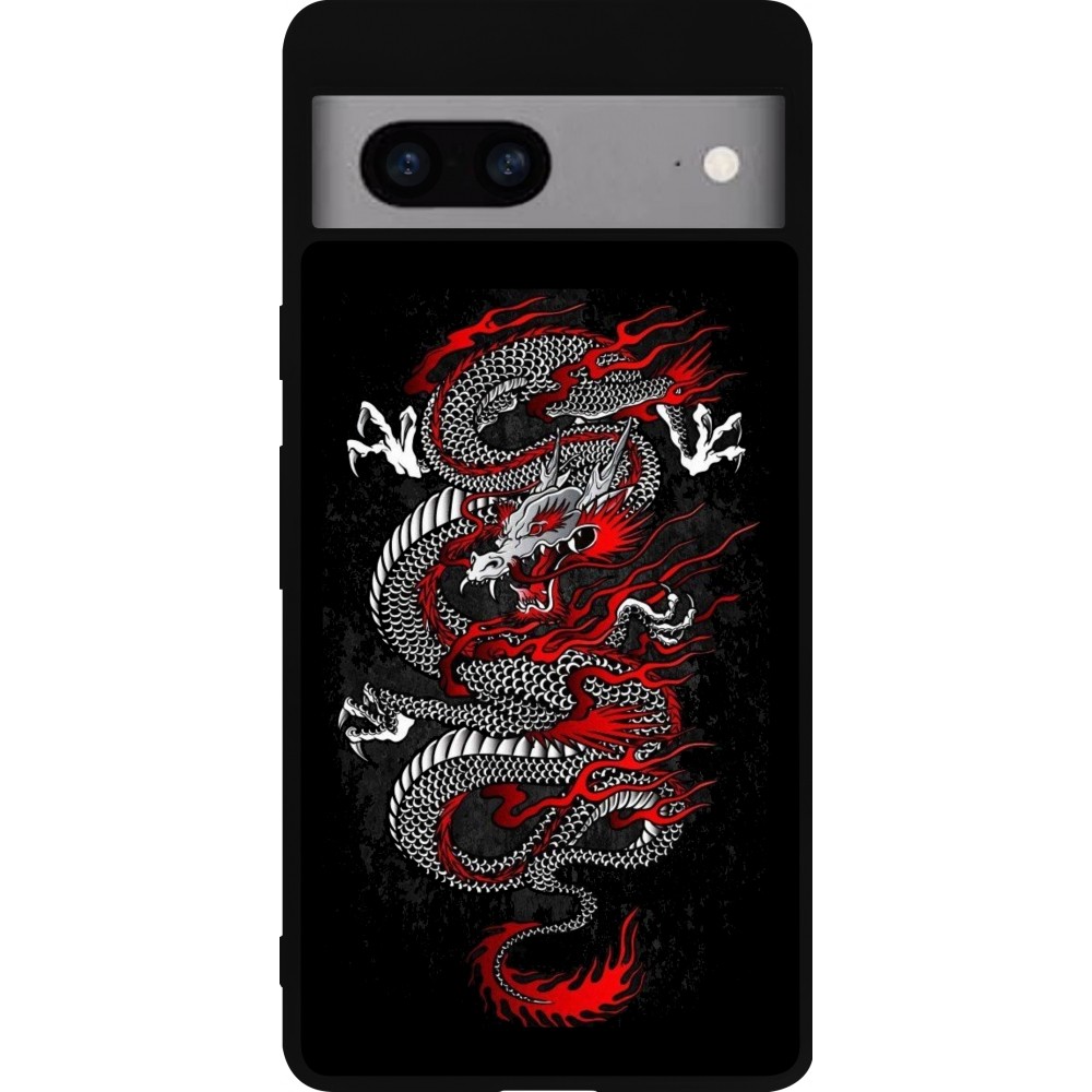 Coque Google Pixel 7a - Silicone rigide noir Japanese style Dragon Tattoo Red Black
