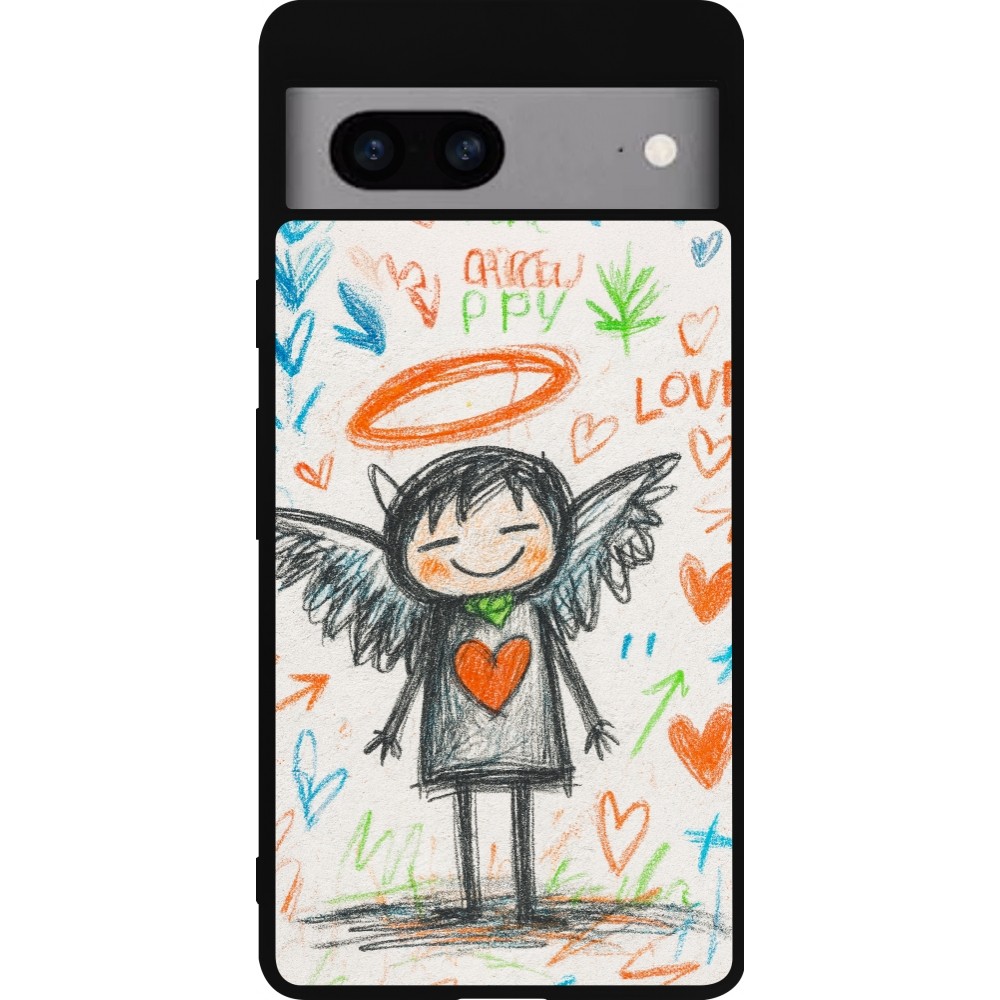 Coque Google Pixel 7a - Silicone rigide noir Little Angel Sketch Love