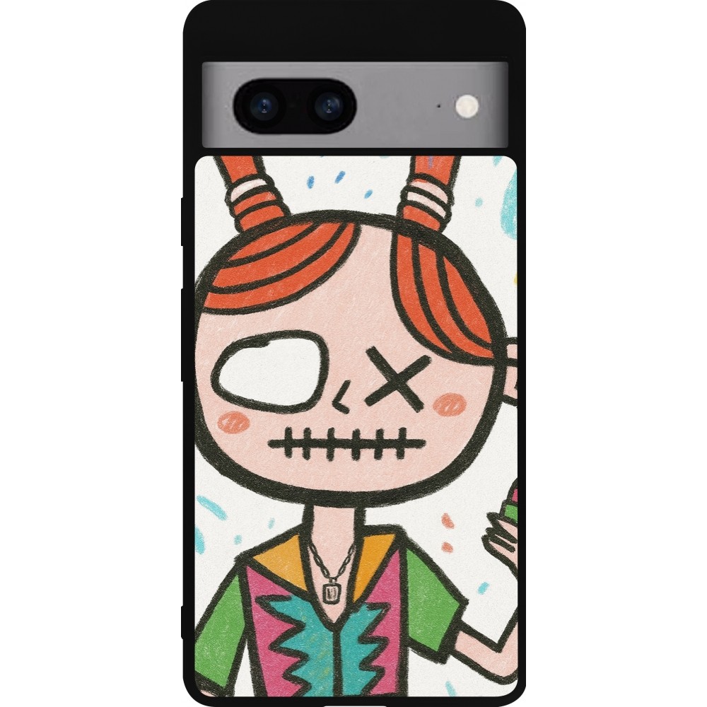 Coque Google Pixel 7a - Silicone rigide noir Little Girl Sketch
