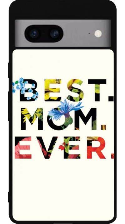 Coque Google Pixel 7a - Silicone rigide noir Mom 2023 best Mom ever flowers