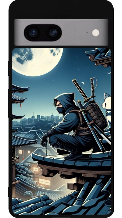 Coque Google Pixel 7a - Silicone rigide noir Ninja sous la lune