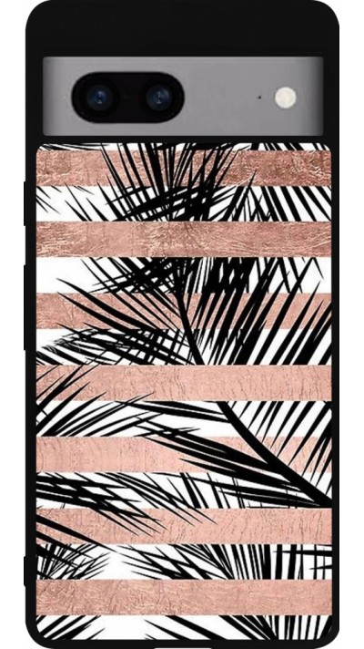 Coque Google Pixel 7a - Silicone rigide noir Palm trees gold stripes