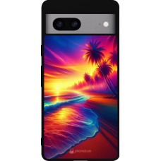 Coque Google Pixel 7a - Silicone rigide noir Plage coucher soleil flashy