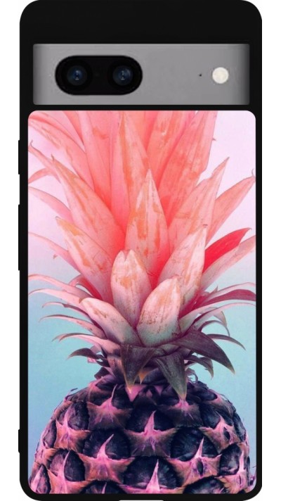 Coque Google Pixel 7a - Silicone rigide noir Purple Pink Pineapple