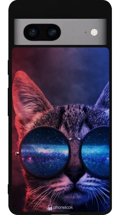Coque Google Pixel 7a - Silicone rigide noir Red Blue Cat Glasses