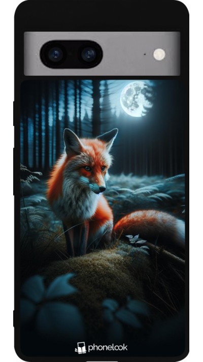 Coque Google Pixel 7a - Silicone rigide noir Renard lune forêt