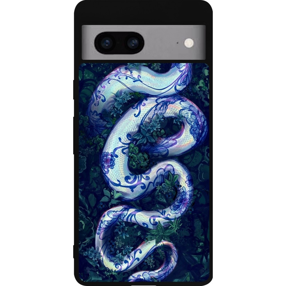 Coque Google Pixel 7a - Silicone rigide noir Serpent Blue Anaconda