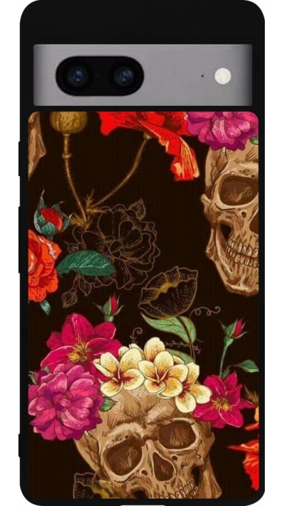 Coque Google Pixel 7a - Silicone rigide noir Skulls and flowers