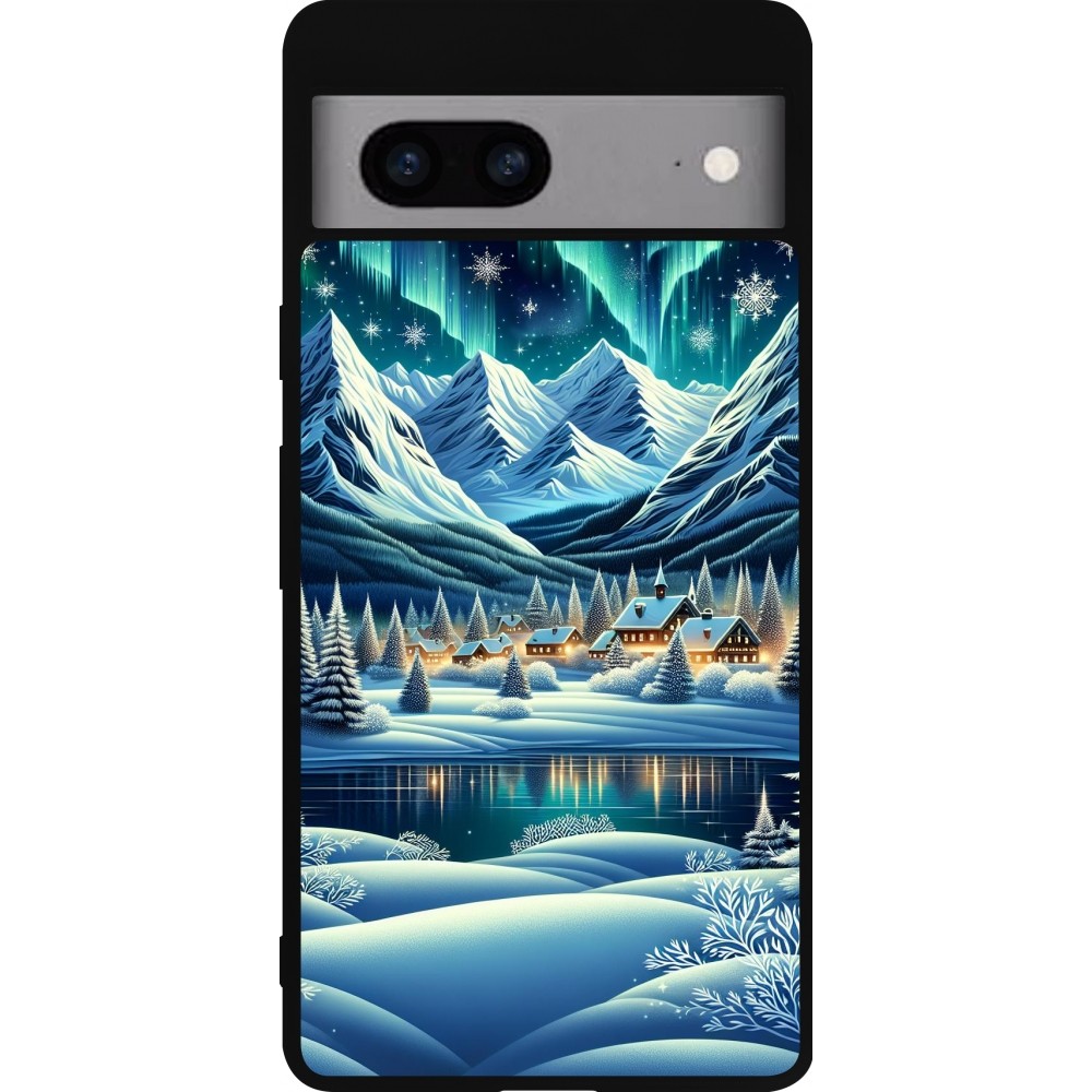 Google Pixel 7a Case Hülle - Silikon schwarz Verschneites Bergdorf am See in der Nacht